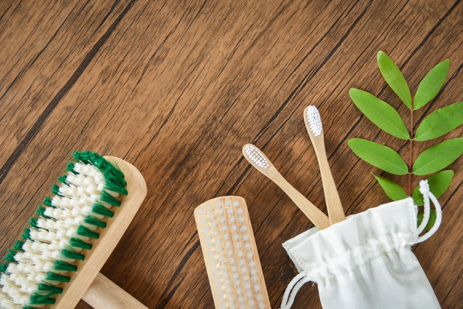 Eco friendly cleaning products (a broom, brush and toothbrushes) sit on a floor