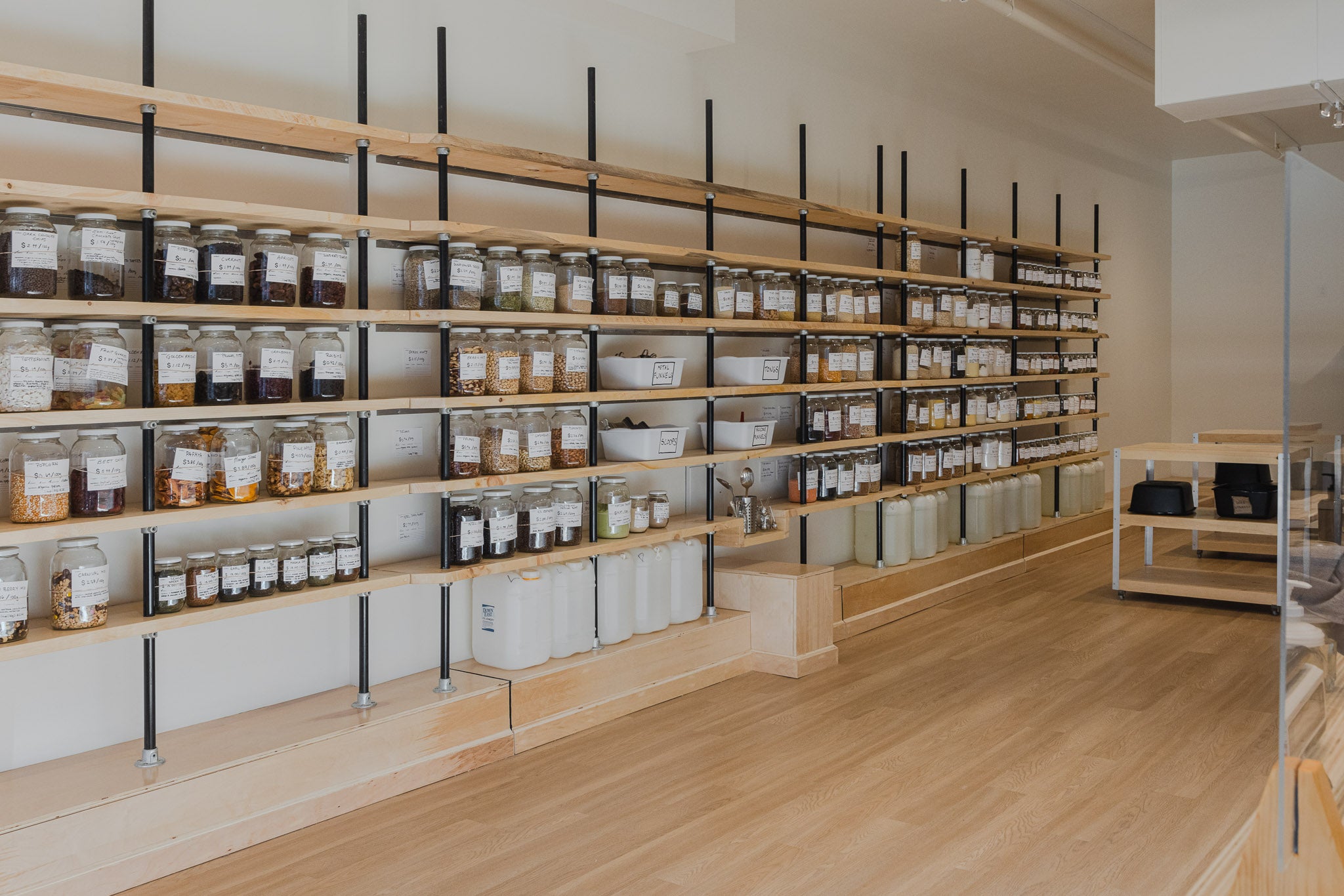 Shelves of bulk groceries in jars and containers